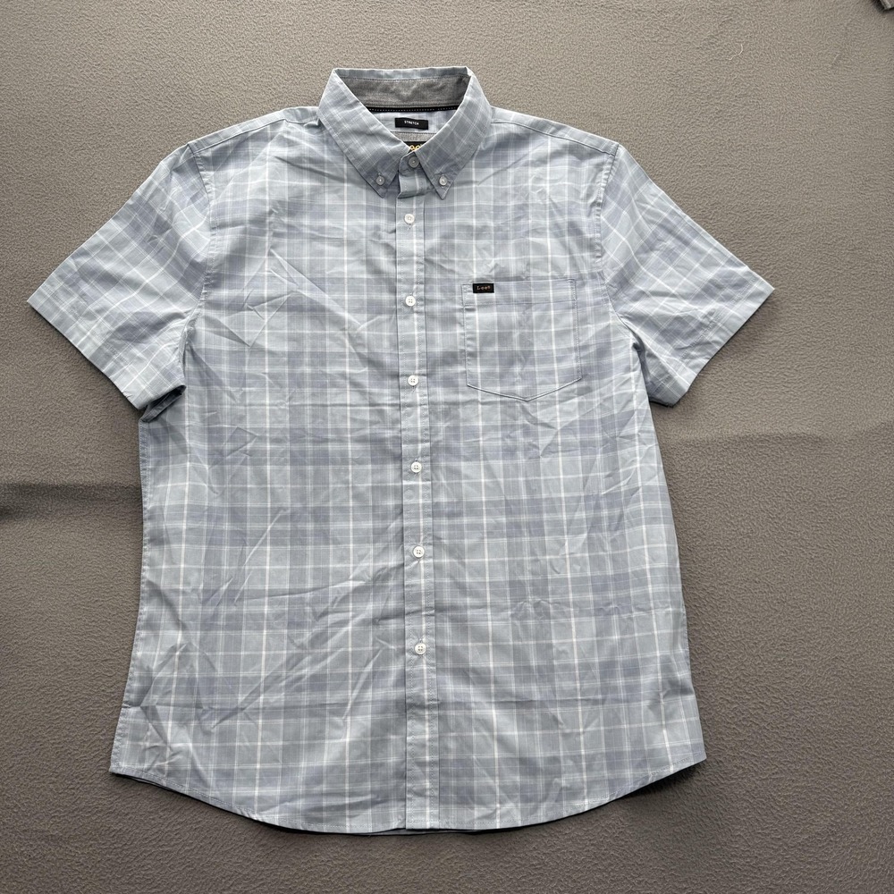 Lee Shirt Mens Large Blue Plaid Short Sleeve Button Up Stretch Regular Fit‎